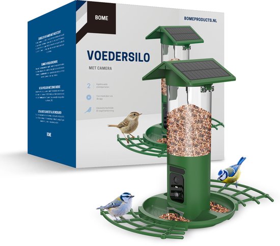 BOME Vogelhäuschen – Doppelte 2K-HD-Kamera – Futtersilo – KI-Vogelerkennung – Mit Solarmodulen