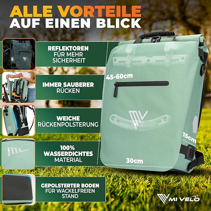 MIVELO Pannier - 3-in-1-Rucksack & Umhängetasche - Wasserdicht - 20 Liter - Mint