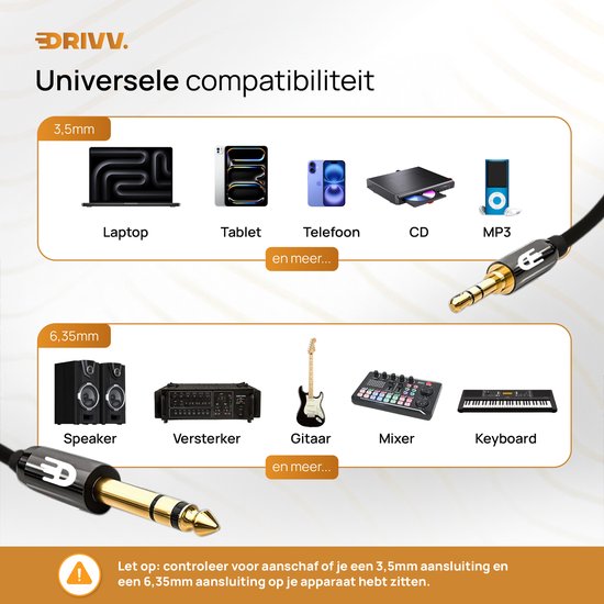 Drivv. Premium-Kabel von 3,5-mm-Klinke auf 6,35 mm – Klinkenkabel – Audiokabel – 3 Meter