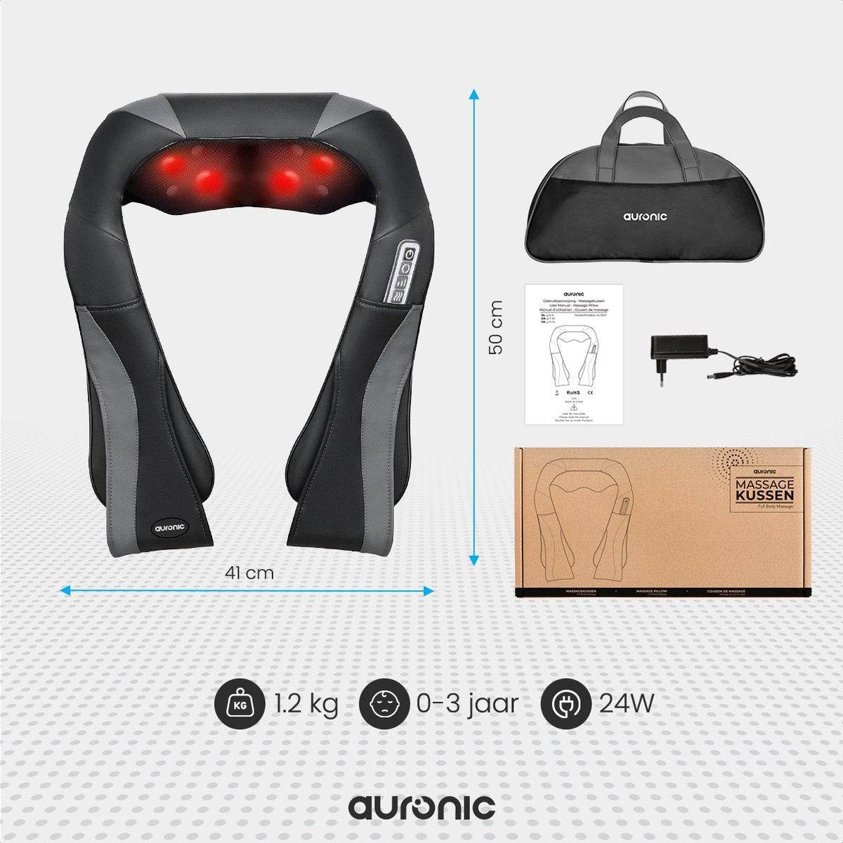 Auronic - Shiatsu-Massagekissen - 8 Massageknöpfe - mit Infrarot & Tragetasche – Schwarz