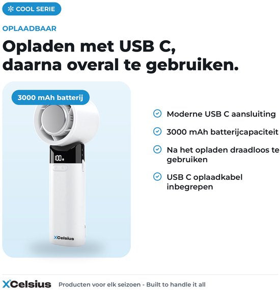 XCelsius® Handventilator – Tragbarer, zusammenklappbarer Mini-Ventilator – Über USB-C aufladbar – Stufenlos von 0 % bis 100 % einstellbar – Mit Sofort-Kühlplatte – Weiß