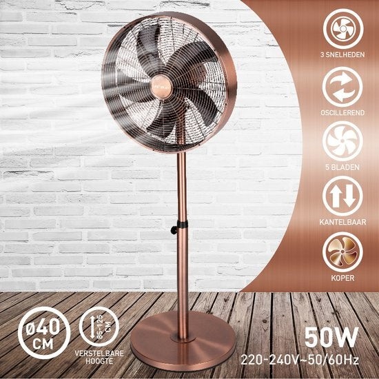 Lifetime Air Stativventilator - 230V - Höhe 85-125 CM - 3 Geschwindigkeiten - Oszillationsfunktion - Neigbar - Kupfer