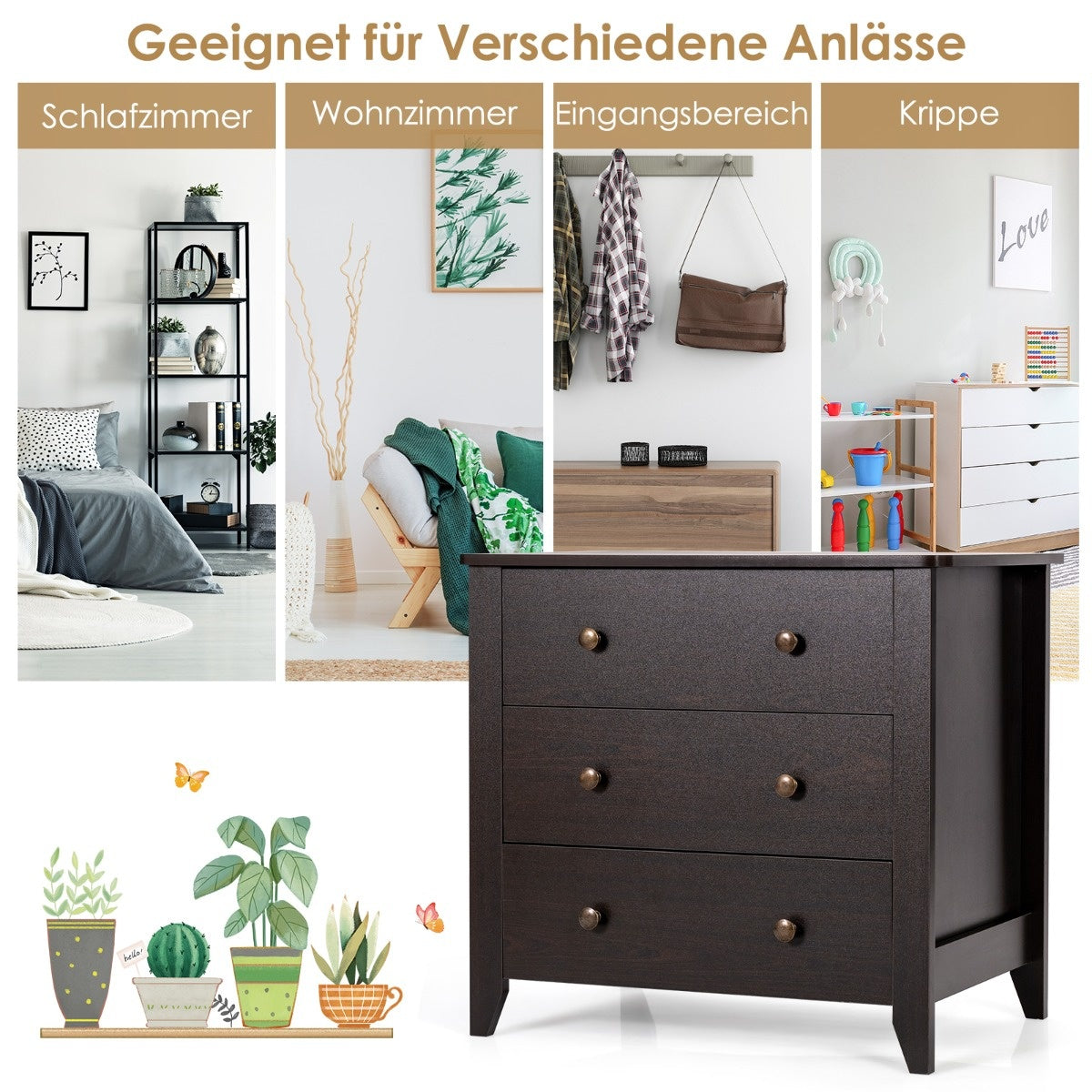Coast Kommode mit 3 Schubladen und Griffen aus Holz Nachttisch 71 x 46 x 66 cm braun