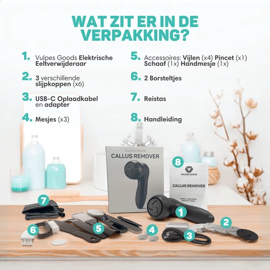 Vulpes Goods® BeautyCare - Elektrischer Hornhautentferner PRO - Inkl. 6 Hornhautscheiben - Hornhautentferner elektrisch - Professionelles Hornhautentferner-Set, 10-teiliges Pediküre-Set und Reisetasche - Fußfeile - Usb aufladbar - IPX7 wasserdicht