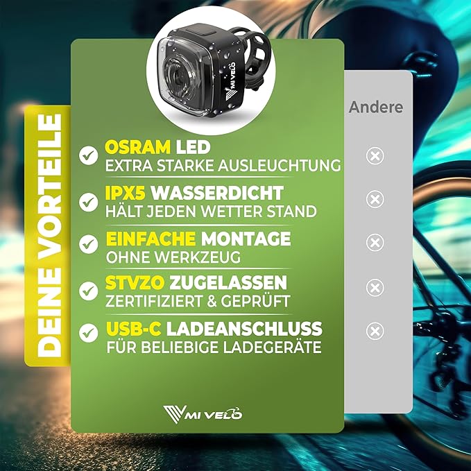 MIVELO - Fahrradlicht - USB Wiederaufladbar - 100% Wasserdicht - IPX5 - Schwarz