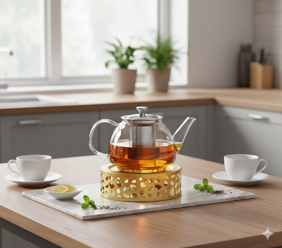 Vaja® Heizgerät mit Wachslicht für Teekanne - Heizgerät mit Kerze - Teelichthalter - Teewärmer - Teezubereiter - Heizgerät - Gold