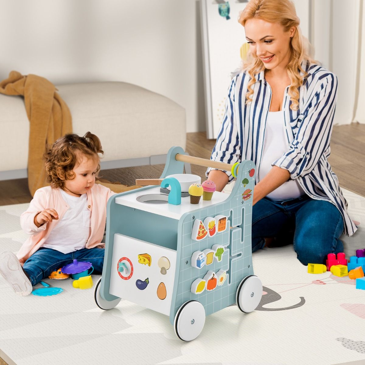 Coast 6-in-1 Kinderwagen Spielküche aus Holz - Blau - 31 x 34,5 x 42 cm