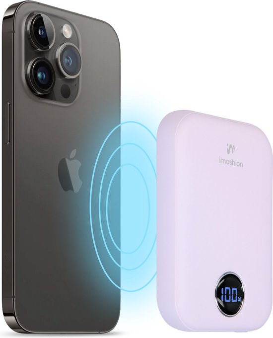 imoshion Powerbank 10000 mAh - Geeignet für MagSafe - Schnellladegerät 22,5W - LED-Anzeige - USB C & USB A - Kabellose Powerbank Geeignet für iPhone 12/13/14/15/16 - Flieder