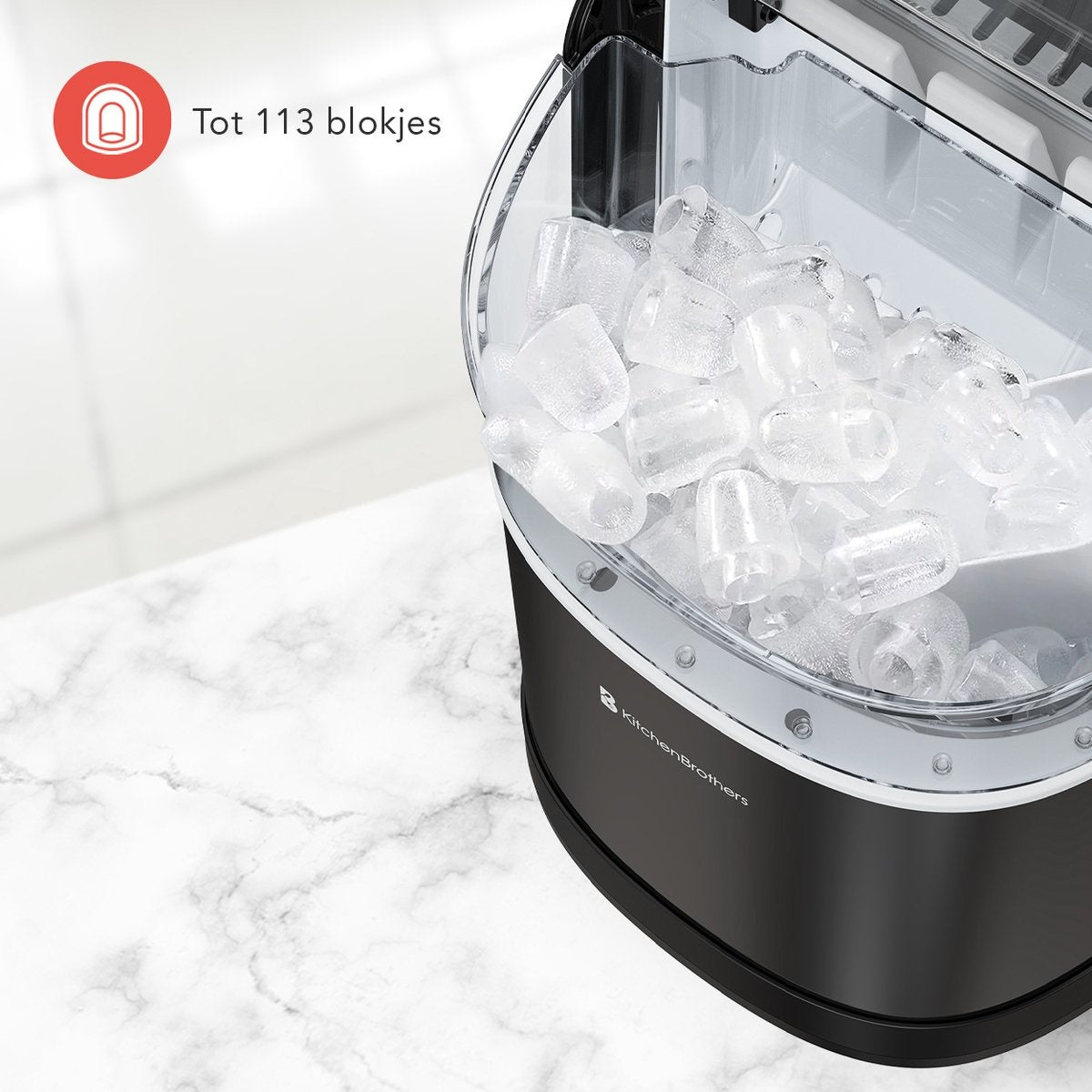 KitchenBrothers Eiswürfelbereiter - 1.6L - 8 min. - 12kg/24h - Selbstreinigungsfunktion - Eiswürfelbereiter mit Eisportionierer - Schwarz