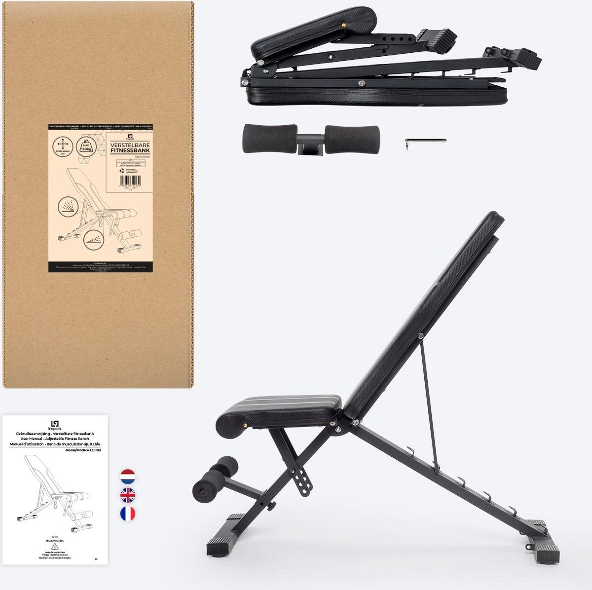LifeGoods Fitness Halter Bank - Übung Bank - Bankdrücken - Übung Bank - einstellbar - faltbar - schwarz/grau