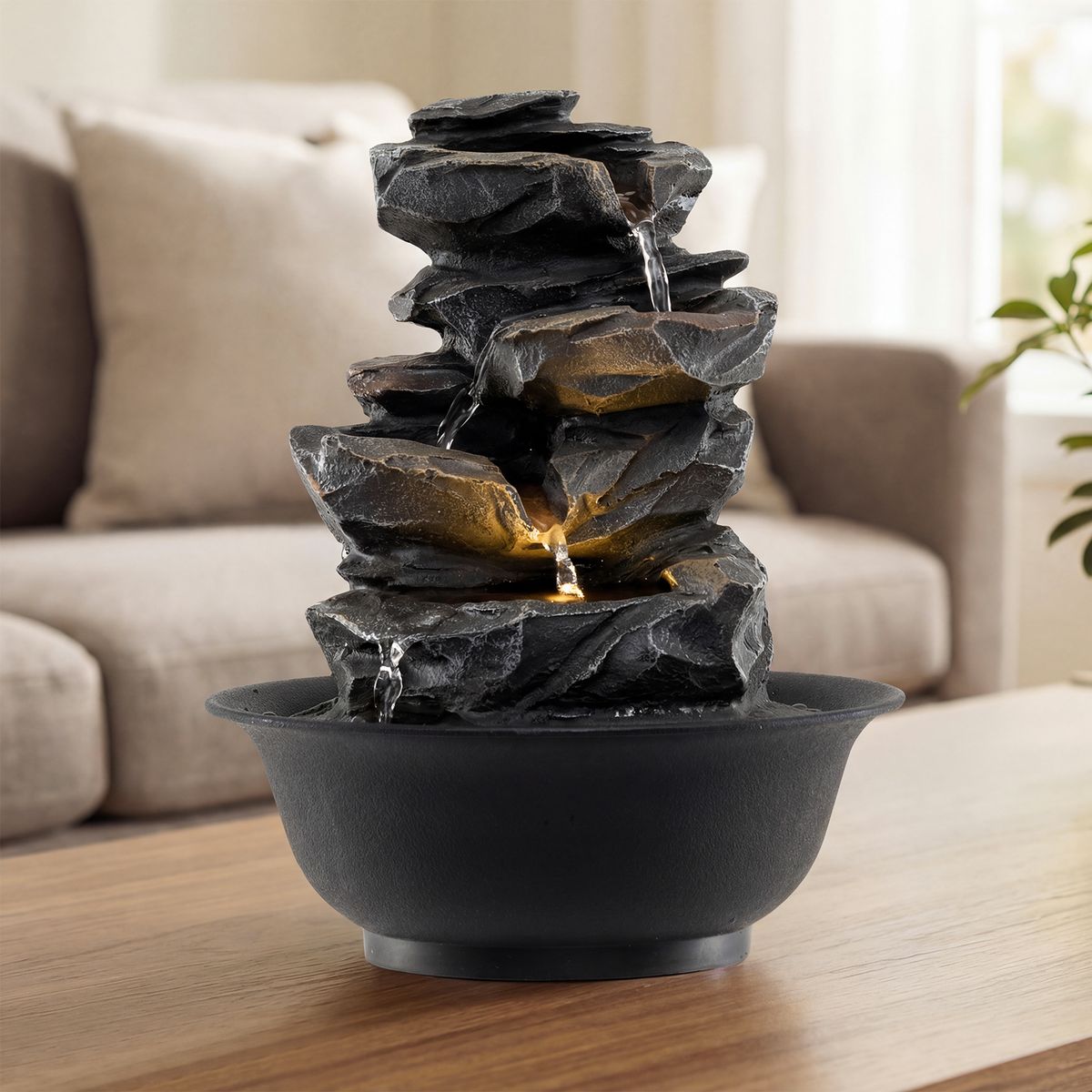 Coast Tischwasserfontäne – Wasserfall im Fels-Look – LED-Beleuchtung – schwarz – 21,5 x 26 cm