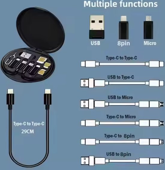 Mini-Multifunktions-5-in-1-USB-Kabelset mit Handyhalterung und SIM-Karten-Auswurfwerkzeug – 60-W-Schnellladegerät – USB-C-Kabel & USB-C-Adapter – USB auf USB-C – USB auf iPhone – USB-C auf USB-C – USB-C auf iPhone – USB-C auf Micro – Kompakte Aufbewahrung