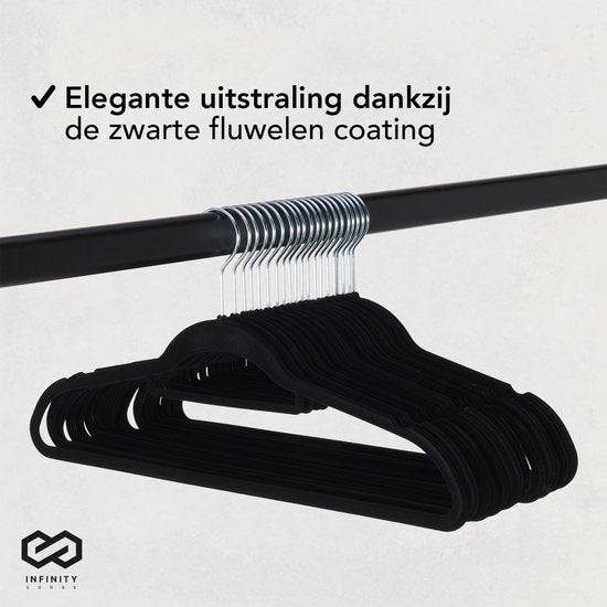 Infinity Goods 50 Kledinghangers Fluweel - Kleerhanger met Anti-Slip - Broekhanger - Metalen Haak - Volwassenen - 50 Stuks - Zwart