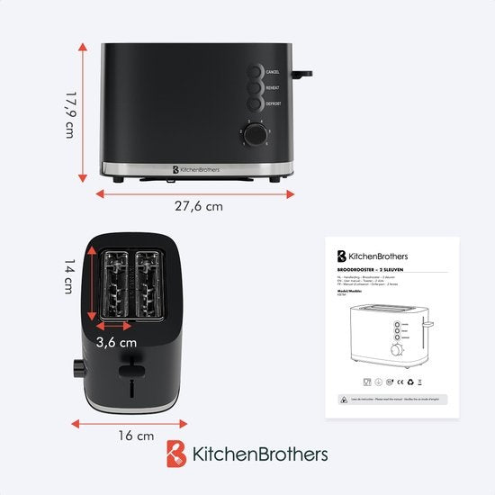 KitchenBrothers Toaster - Toaster - 6 Heizstufen - 2 extra breite Schlitze - 870W - Schwarz