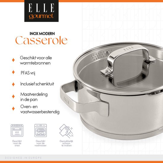 ELLE Gourmet Modern Edelstahl Kochtopf mit Deckel - Ø 18 cm - Kochtopf - PFAS frei - Induktion