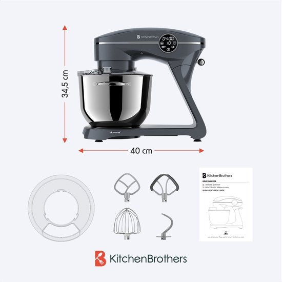 KitchenBrothers Küchenmaschine - Touch Display und Timer - Küchenroboter - 6L - 1800W - Aluminium - Anthrazit