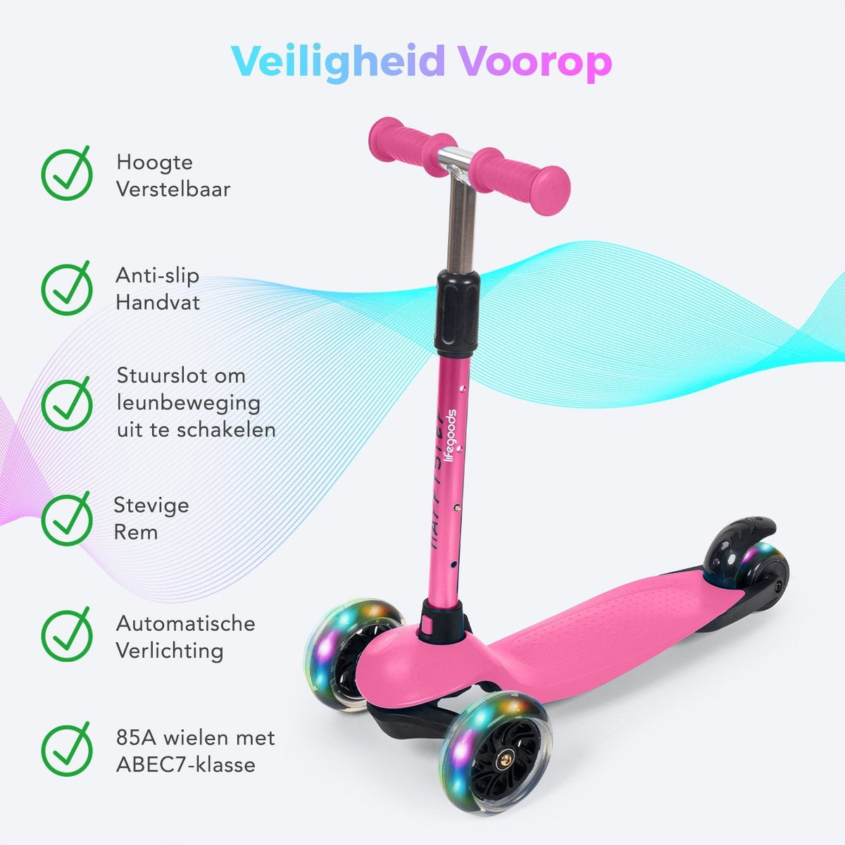 LifeGoods HappyStep - Kinderroller - Alter 2-5 Jahre - 3 leuchtende Räder - Jungen/Mädchen - Pink