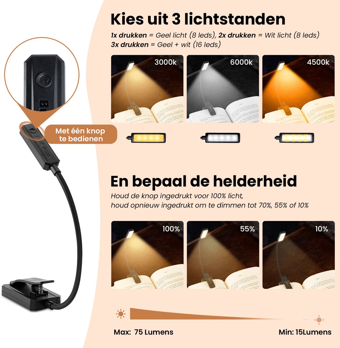 Saaf Leselicht mit Klemme - Dimmbar und wiederaufladbar - Buchleselicht - 3 Lichtmodi - Biegbar - Schwarz