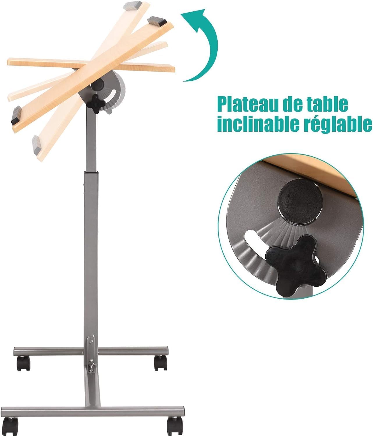 RELAX4LIFE Betttisch für Computer 64 x 45 x 64-95 cm, höhenverstellbar, mit 4 Rollen, kippbare Ablage, natur