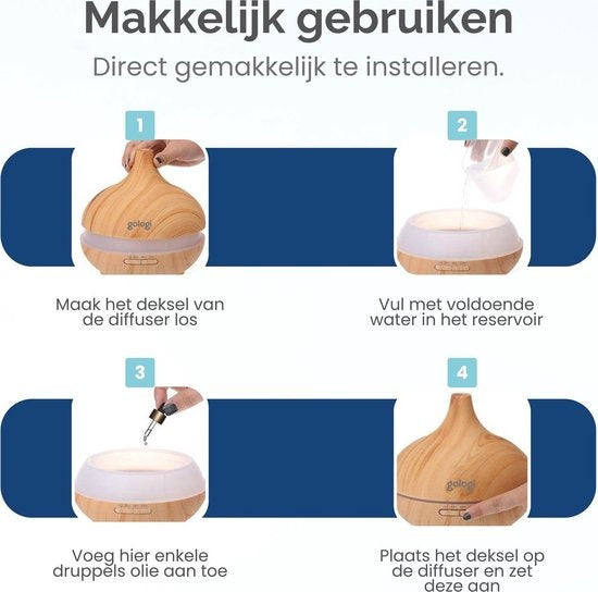 Gologi Slimme Aroma Diffuser - 550ML - Luchtbevochtiger - Geurverspreider - LED verlichting - Incl. 2 Etherische OlieÃà n - Lichtbruin