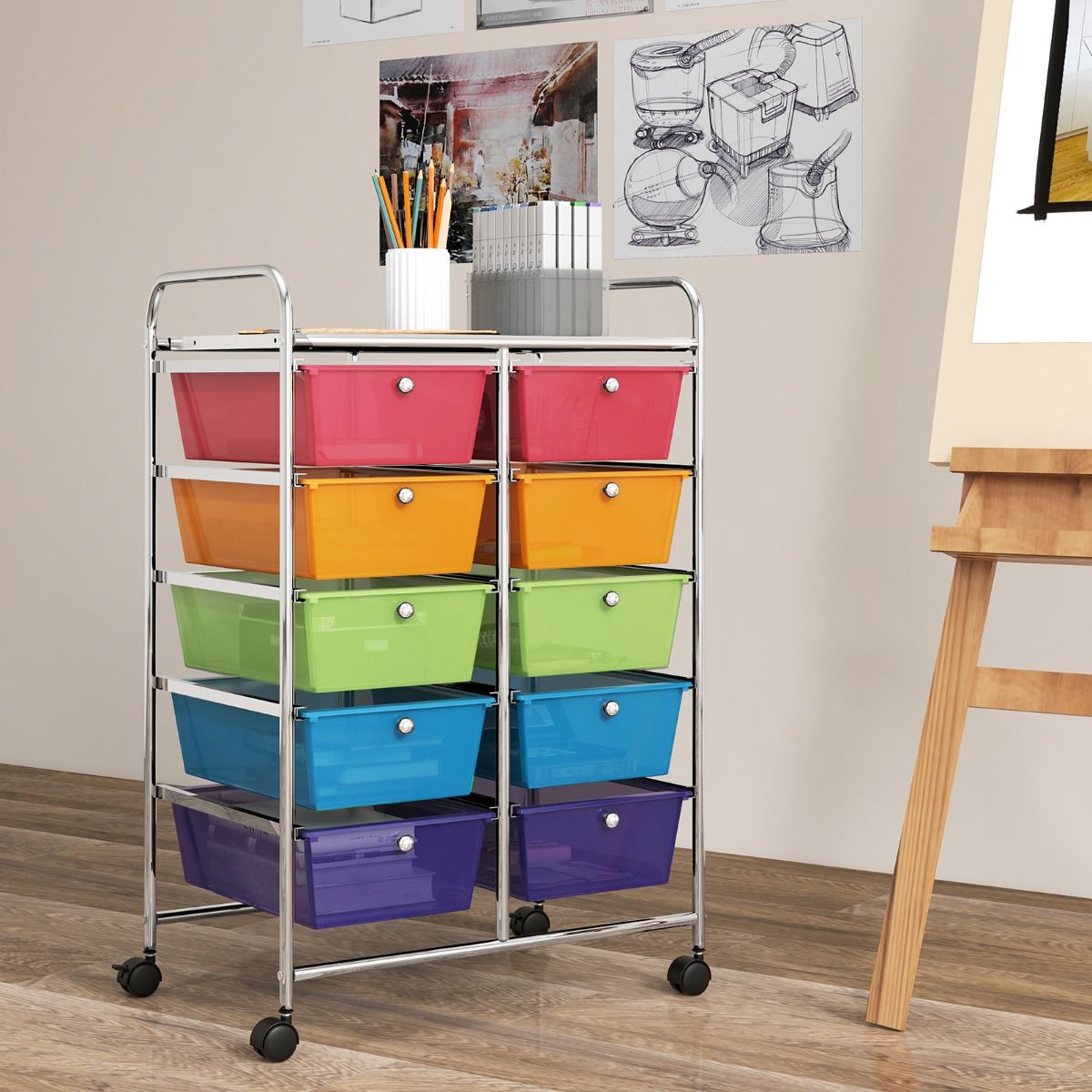 Coast Rollwagen 65,5x37x87 cm mit 10 stapelbaren Schubladen - Regenbogenfarben - Metallrahmen - Aufbewahrungswagen für Büro, Bad und Wohnzimmer