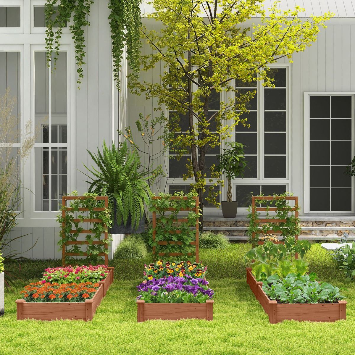 Coast Erhöhtes Blumenbeet mit Klettergerüst – Pflanzkübel mit 2 Fächern – Naturbelassenes Kiefernholz – 235 x 63 x 102 cm