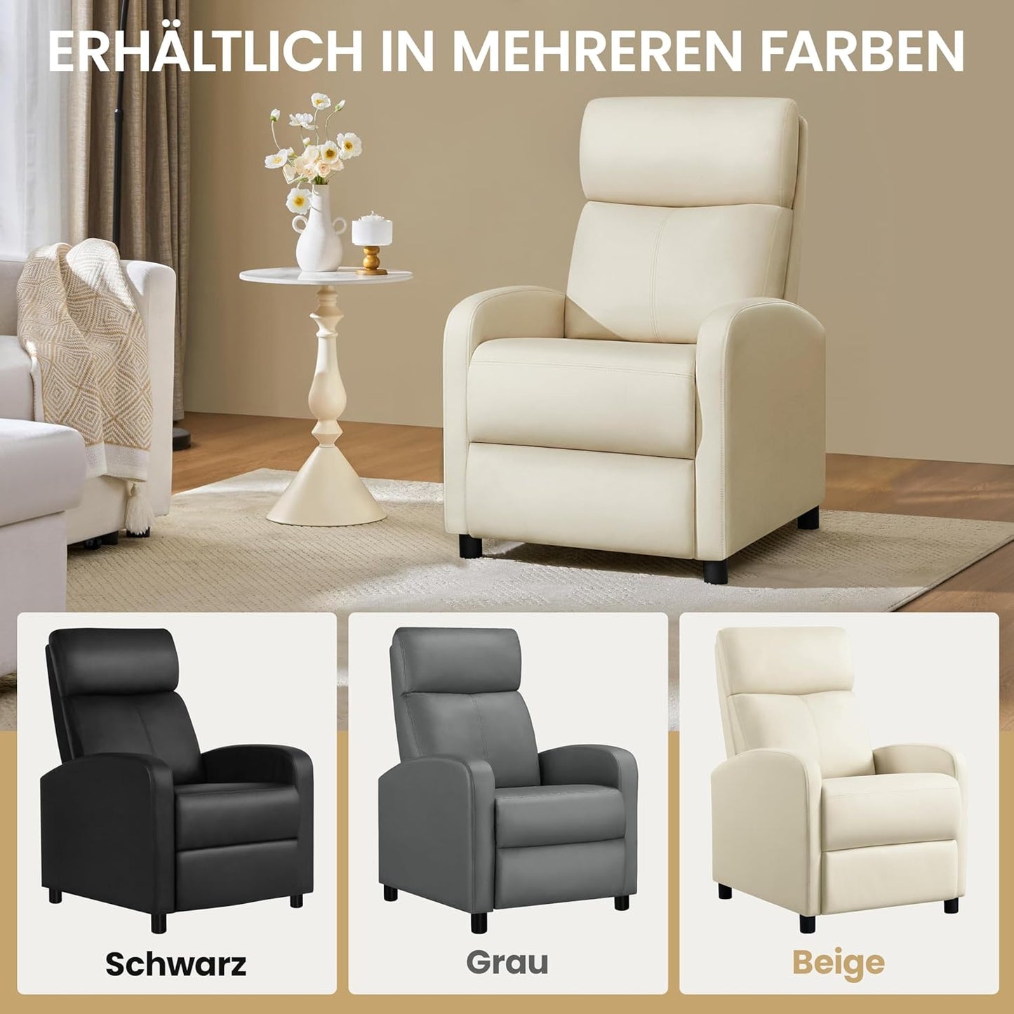 Yaheetech Relaxsessel XL – Verstellbarer Liegesessel mit Fußstütze – Kunstleder, beige – 87 x 61,5 x 99 cm