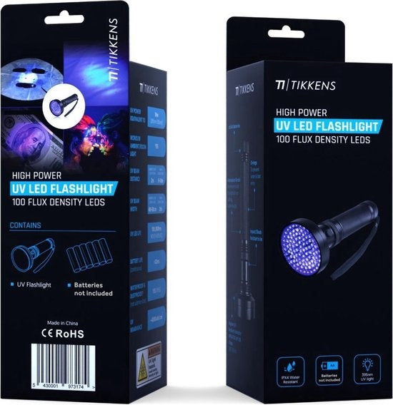 TIKKENS - UV-Taschenlampe XXL - 100 ultraviolette LEDs - Schwarzlicht-Taschenlampe - 395nm