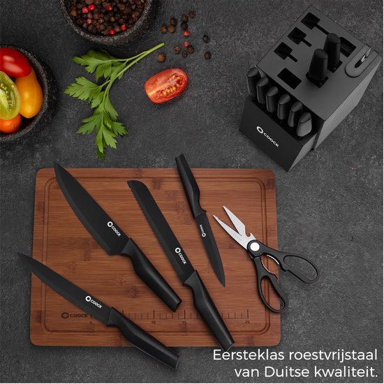 COOCK - Messerset mit Block und klappbarem Schneidebrett - Küchenmesser - Schere - Messerschärfer - 15-teiliges Küchenutensilien-Set im Messerblock - Edelstahl - mit 'Antihaft'-Beschichtung - Schwarz