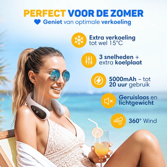 Vulpes Goods® Tech - Halsventilator mit Kühlelement - Wiederaufladbar & leise - Tragbarer Gesichtsventilator - 3 Stufen mit extra Kühlung - ELITE Version