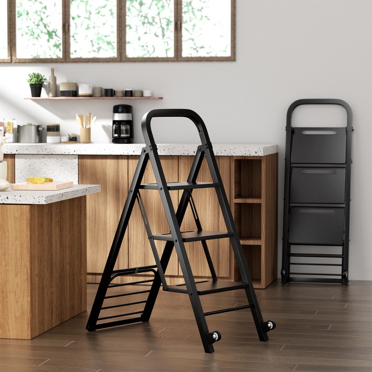 Coast Klappleiter und Transportwagen – 2-in-1-Design – 3 breite Sprossen – Schwarz