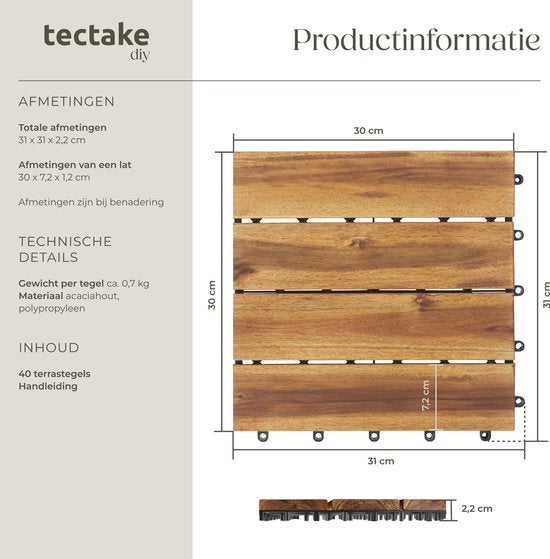 tectake® - Gartenfliesen aus Holz - Wetterfest - Bodenbelag für Balkon - Bodenfliesen - Balkonboden - Terrassenfliesen mit Klicksystem - Drainage - 40er Set