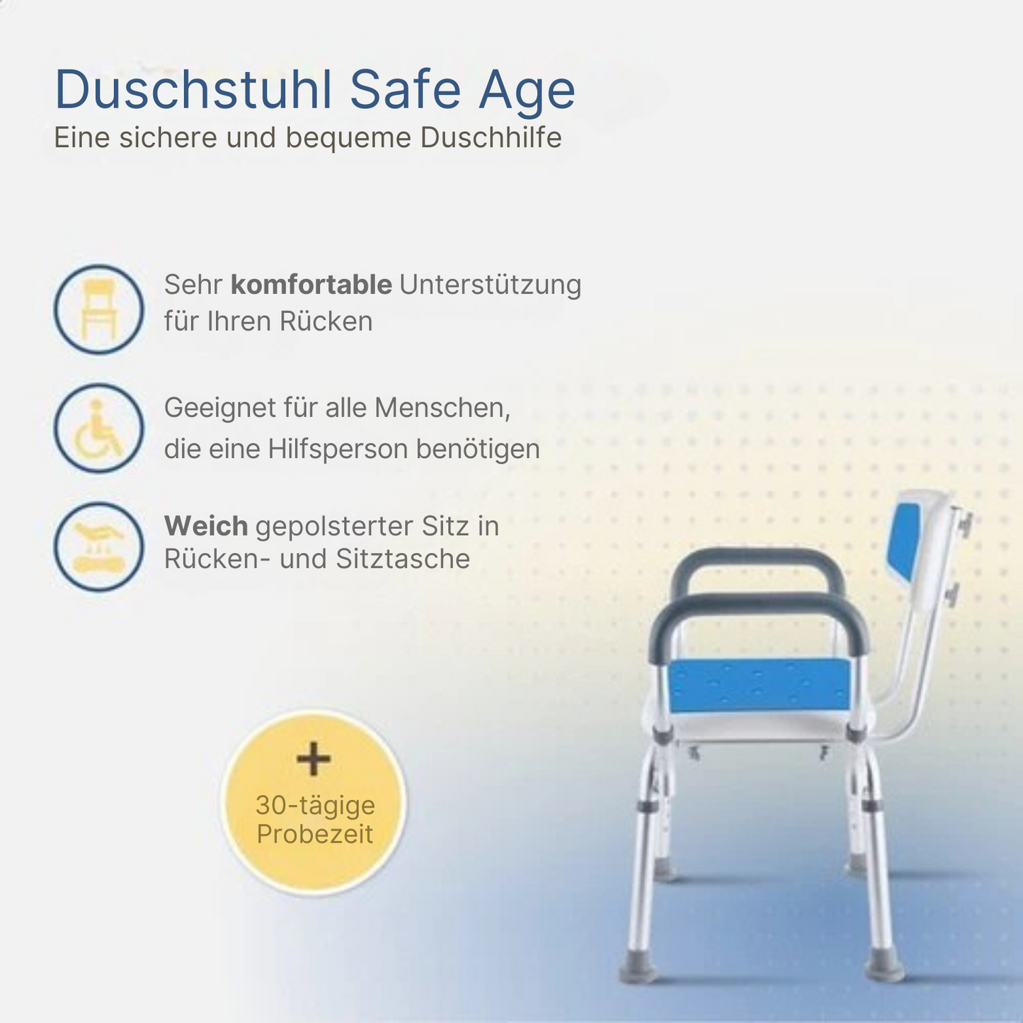 Safe Age - Duschstuhl - mit abnehmbarer Rückenlehne und Armlehne - rutschfest - höhenverstellbar - Duschhocker - Blau