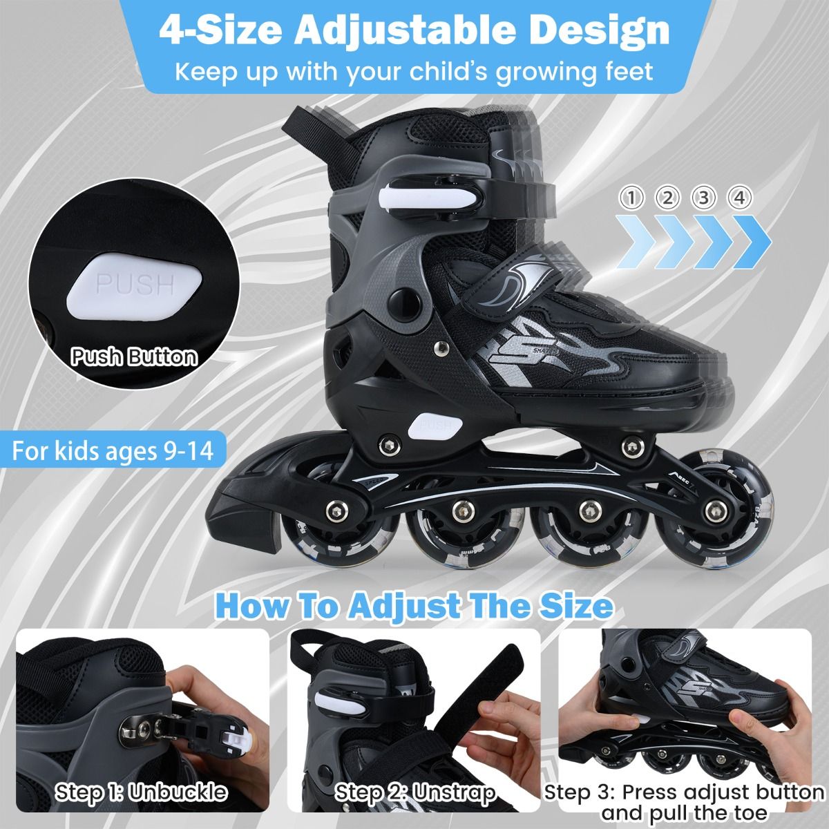 Coast Kinder-Inlineskates – 4-fach verstellbar – LED-Rollen – grau