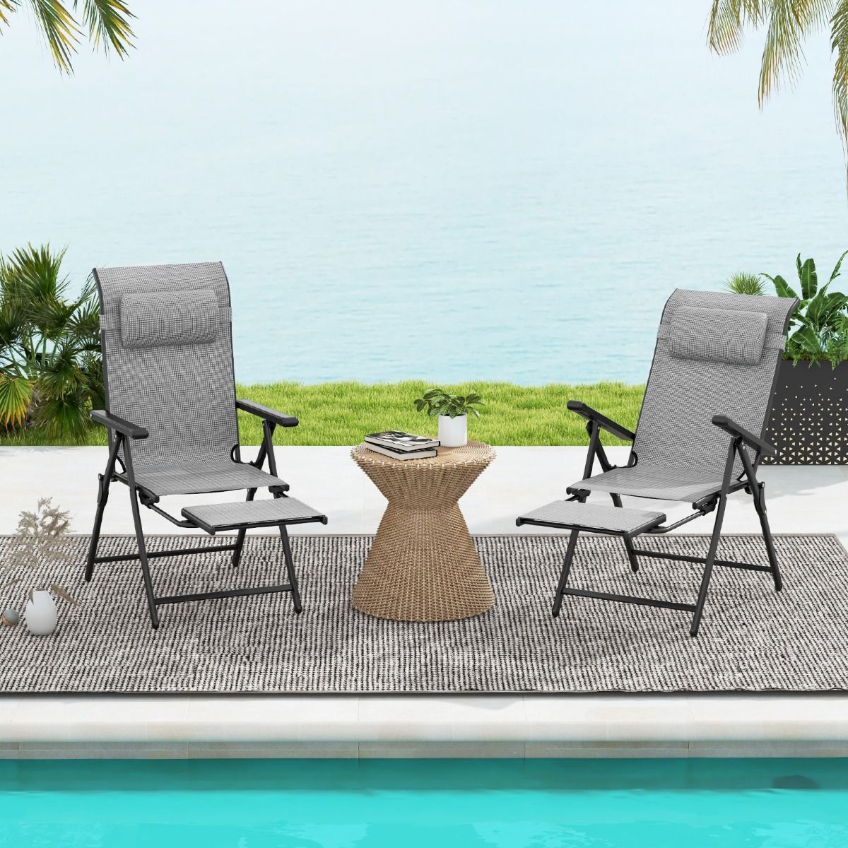 Coast Gartenstuhlset – zusammenklappbar – verstellbare Rückenlehne und Fußstütze – grau