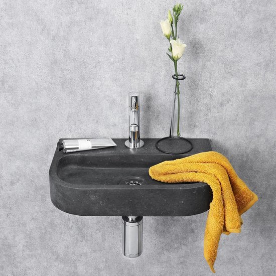 Differnz Oval Small Fountain Set - Spülbecken Naturstein - Schwarz - Gerader Wasserhahn - Chrom - Standard-Griff - 38 x 24 x 8 cm