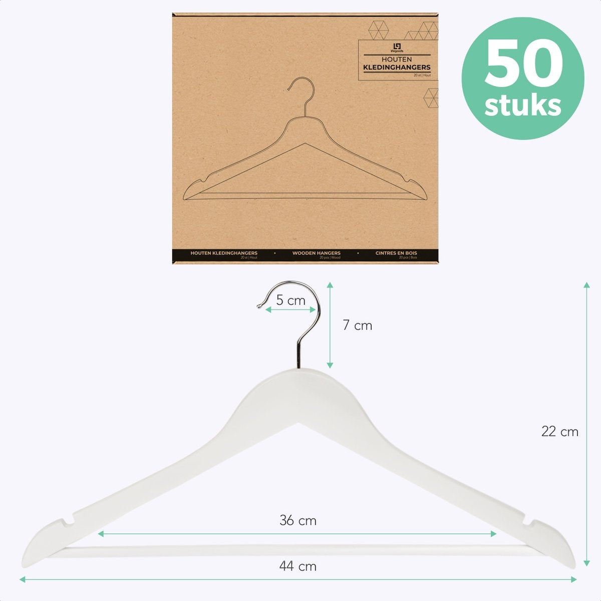 LifeGoods Kleiderbügel - Mit Hosenstange - Hartholz - Weiß - 50 Stück