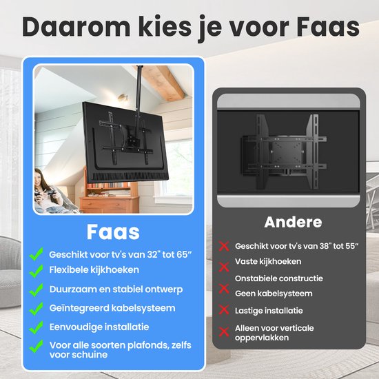TV-Halterung - für Decke oder Dachschräge - 32" bis 65" - drehbar & neigbar - Max 30KG - Schwarz - von Faas