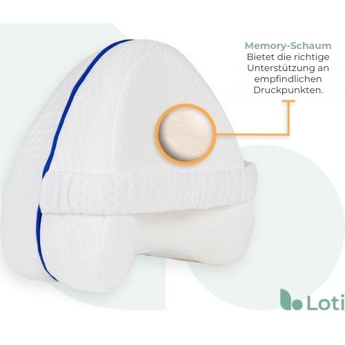 Loti - Orthopädisches Kniekissen fürs Bett - mit Gurt - Seitenschläferkissen - Memory Foam - Herzform