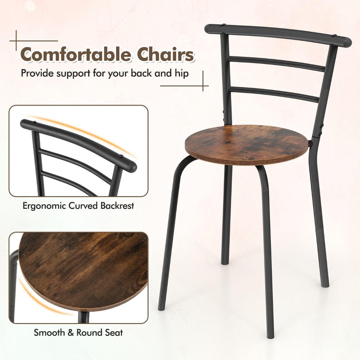 Coast Küchentisch und Stuhl Set für 2 Personen - Ovaler Tisch 80x53x77 cm mit 2 Stühlen, Weinregal, MDF und Metall, Braun/Schwarz