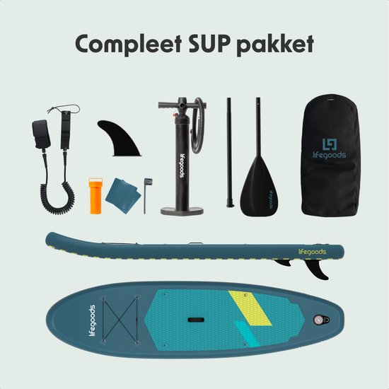 LifeGoods SUP Board All-round Compact - 100 KG Tragfähigkeit - 300 x 76 cm - Aufblasbar - Komplettes SUP Paket - Cyan/Dunkelgrün