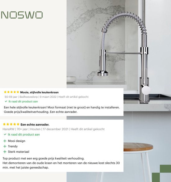 Noswo Küchenarmatur mit herausziehbarem Auslauf - Küchenarmatur - Handbrause - herausziehbar - Flexibler Schlauch - Chrom