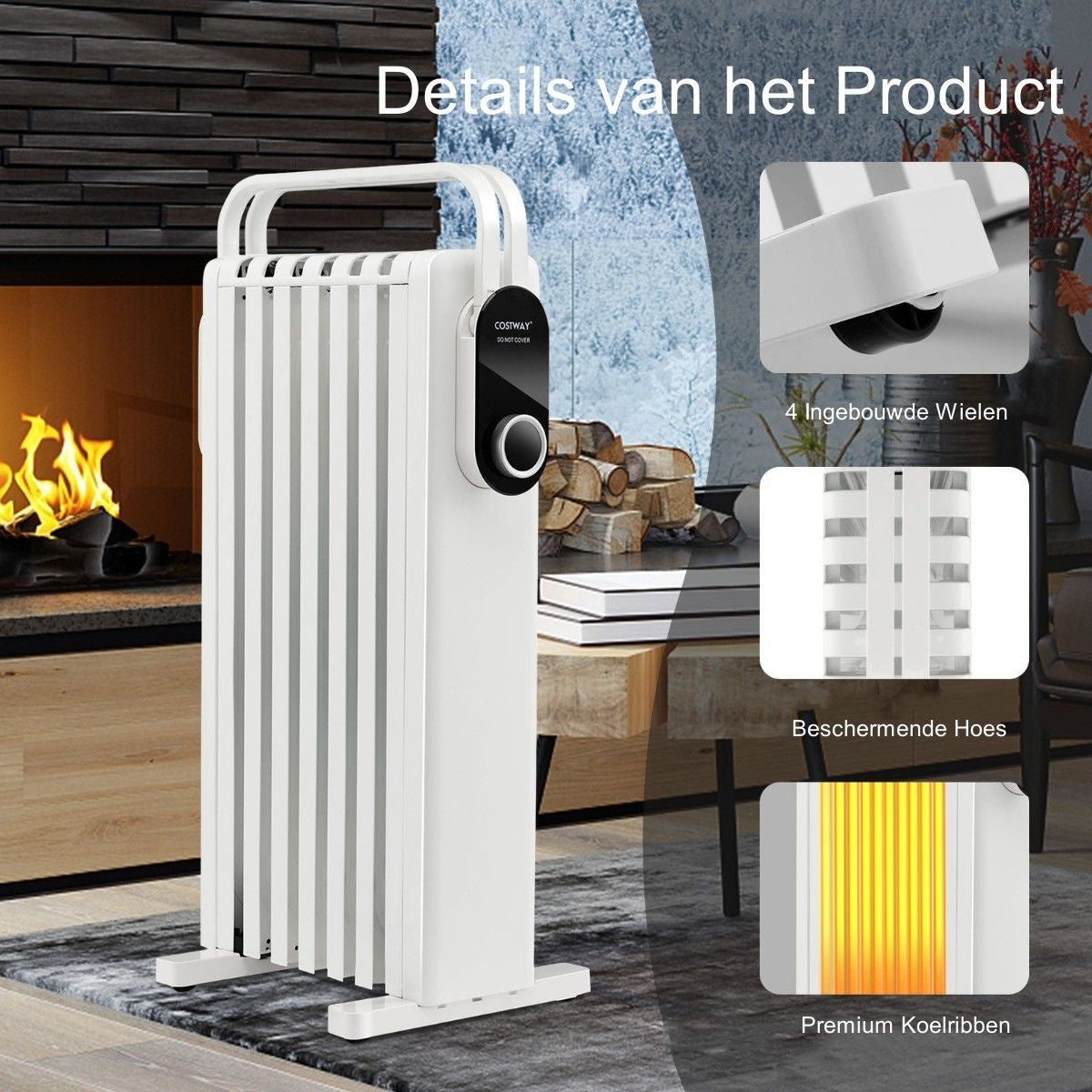 Coast 1500W Oilradiator 7 RIB -radiatoren met 3 verwarmingsniveaus Energiebesparing en oververhitting Bescherming Wit wit