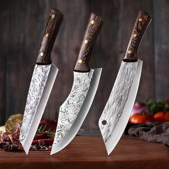 Messerset Japanische Qualität - Kochmesser und Hackmesser Premium - 3-teiliges Messerset mit Damastdruck - Eichenholzgriff poliert