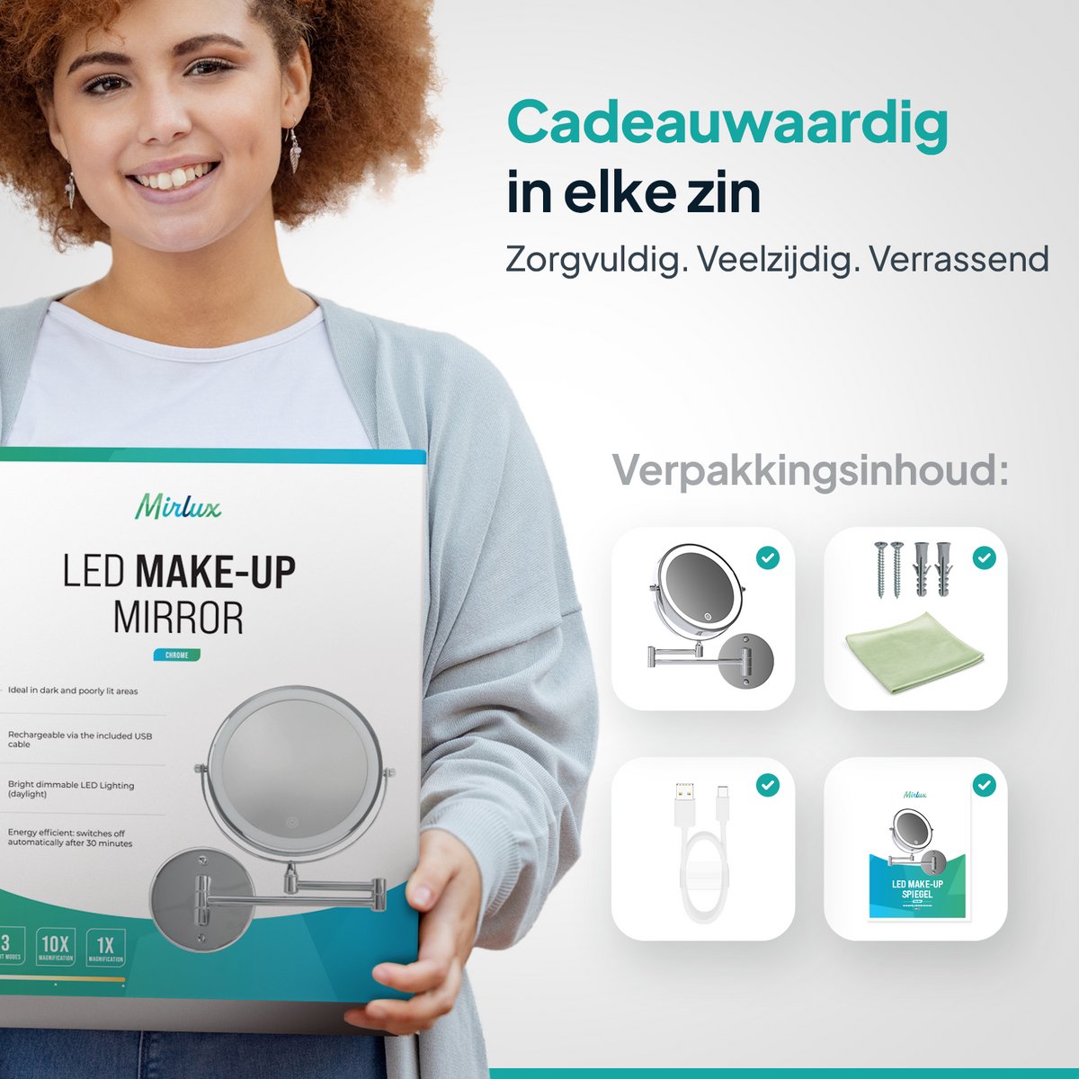 Mirlux Make-up-Spiegel mit LED-Beleuchtung - Wiederaufladbar - 5-fache Vergrößerung - Vergrößerungsspiegel mit Licht - Rasierspiegel - Badezimmerspiegel - Chrom