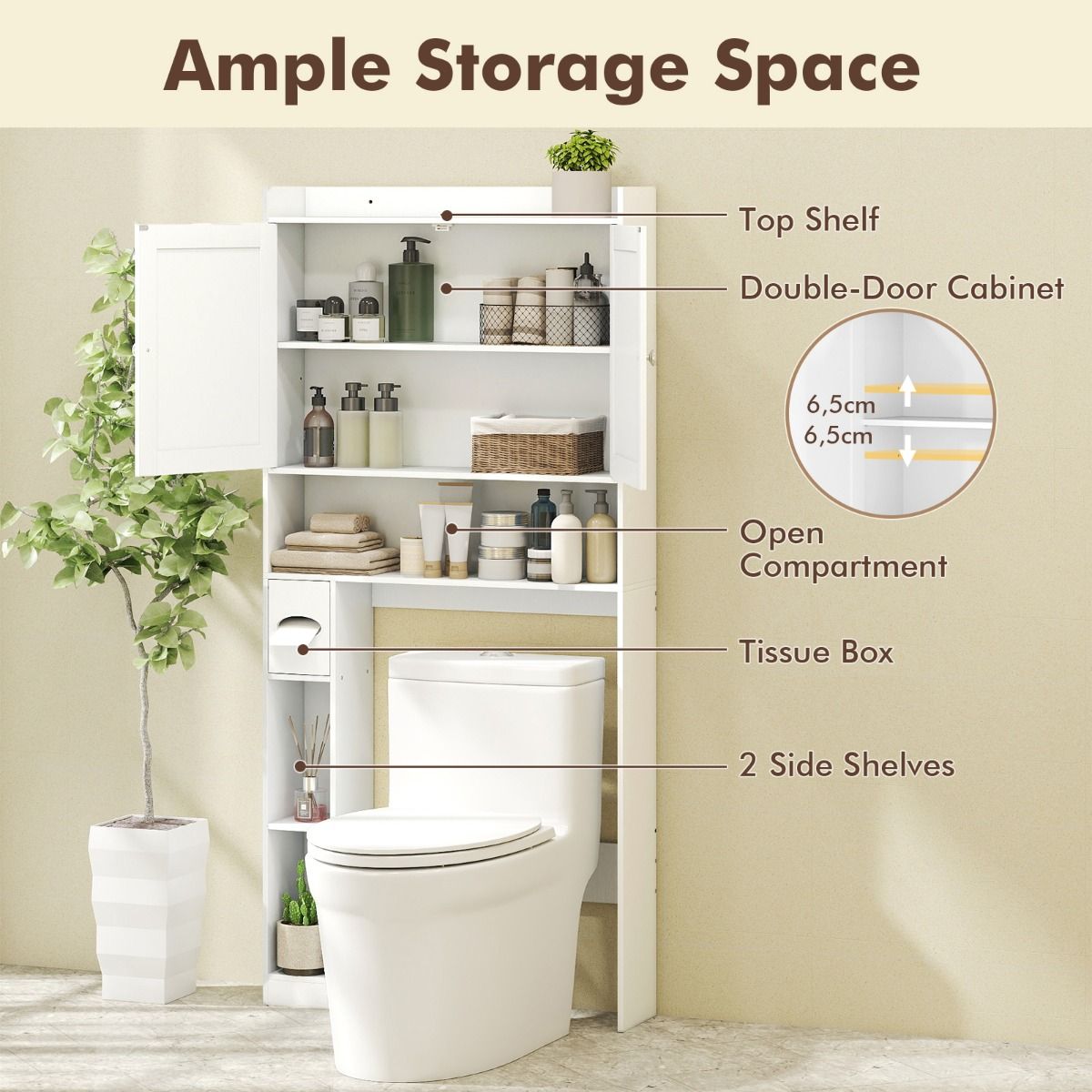 Coast Toilettenschrank mit Doppeltüren – verstellbare Einlegeböden – Toilettenpapierhalter – gewaschenes Grau/Weiß – 81,5 x 19,5 x 172 cm