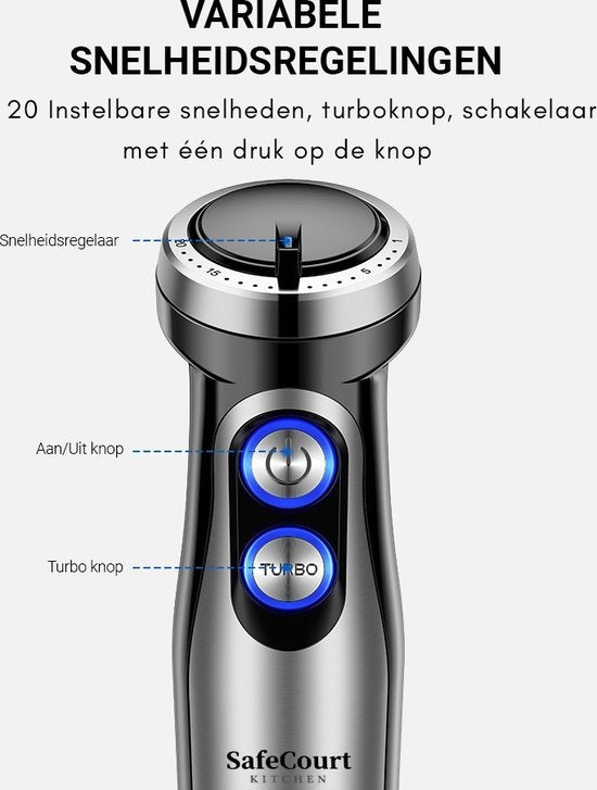 Safecourt Kitchen - 6-teiliges Stabmixer-Set - Inklusive Milchaufschäumer & Messbecher - Zerkleinerer - 1000 Watt - 20 Geschwindigkeiten