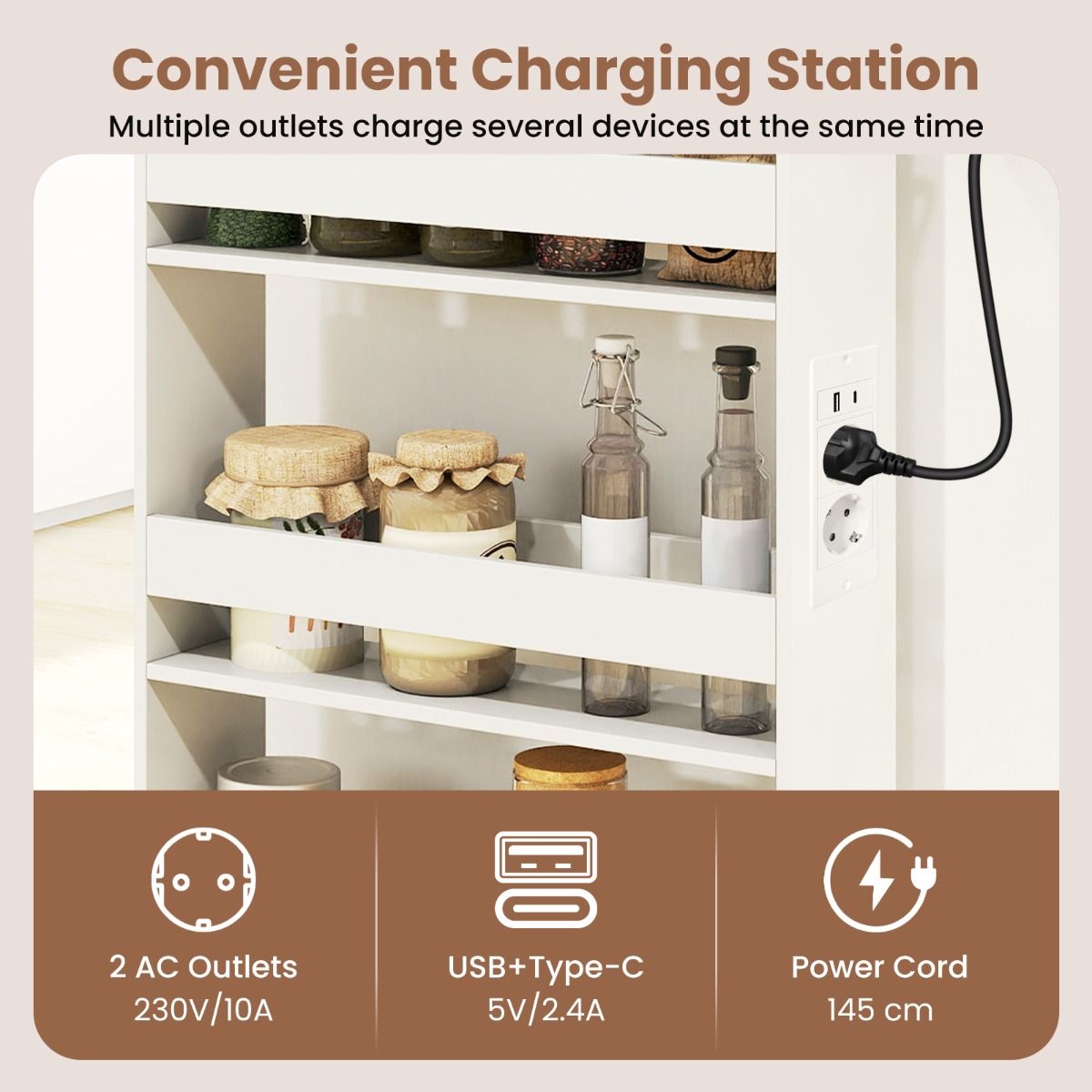 Coast Aufbewahrungswagen mit Ladestation – ultradünnes 4-lagiges Design – Griff und Rollen – weiß