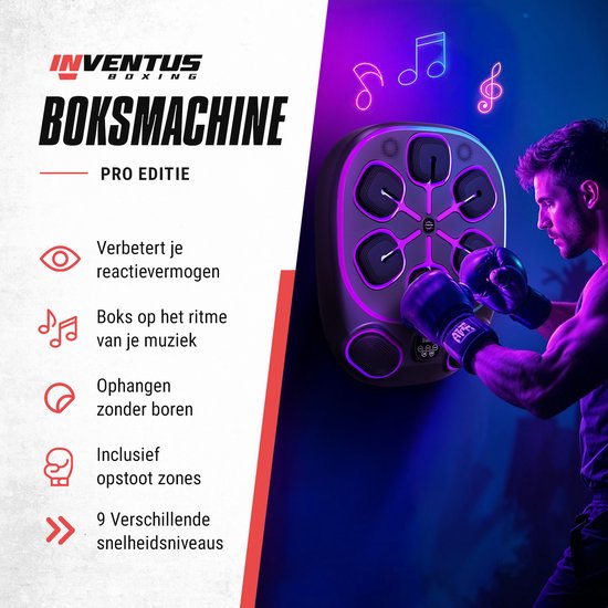 Inventus Boxing Machine PRO - Inkl. Boxhandschuhe - Boxing Machine Installation ohne Bohren - Reflex Music Boxing - Smart Bluetooth Boxing Machine - Sport Boxing Training - Boxsack / Boxball - USB Wiederaufladbar - Für Erwachsene