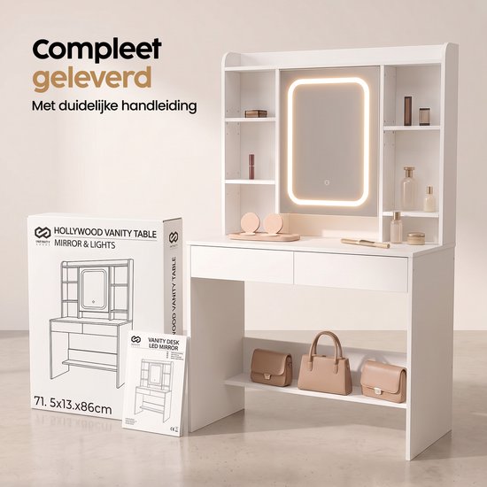 Infinity Goods Schminktisch mit LED-Spiegel – Make-up-Tisch – Besonders viel Stauraum – Dimmbar – Weiß
